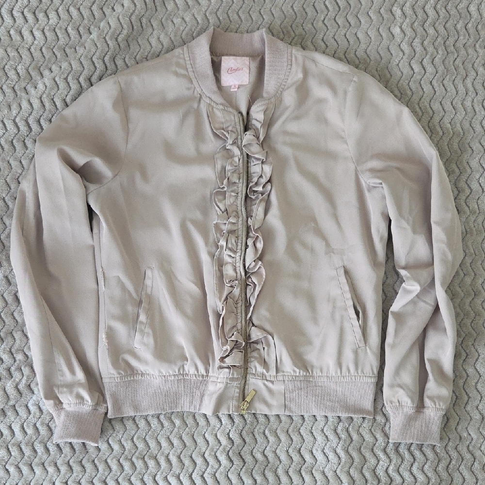 Candie's Cream Bomber Jacket with Ribbed Accents